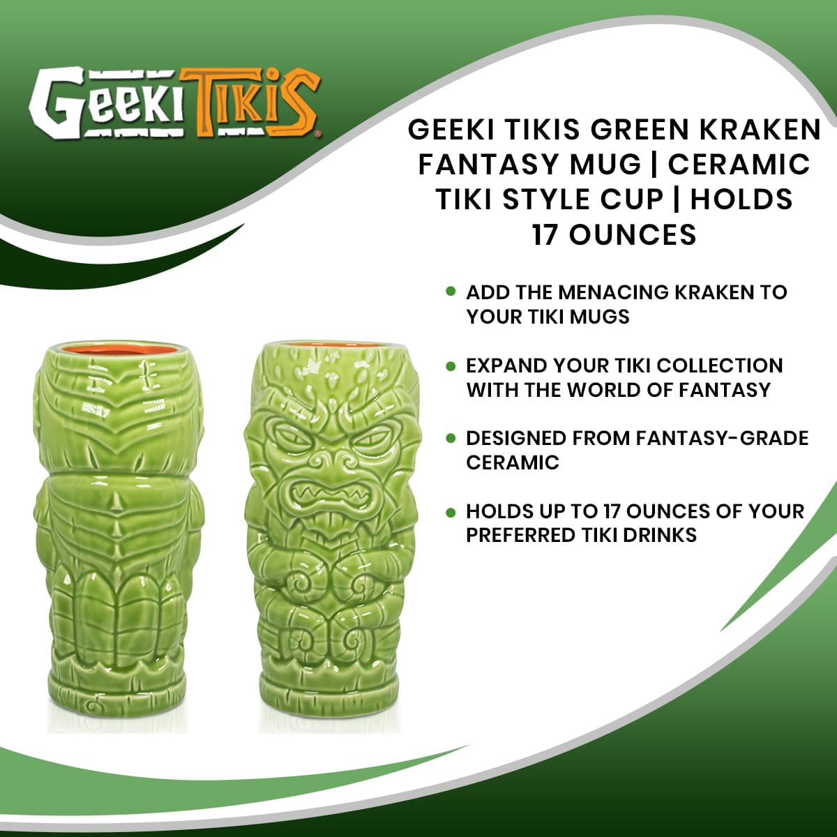 Geeki Tikis Green Kraken Fantasy Mug | Ceramic Tiki Style Cup | Holds 17 Ounces