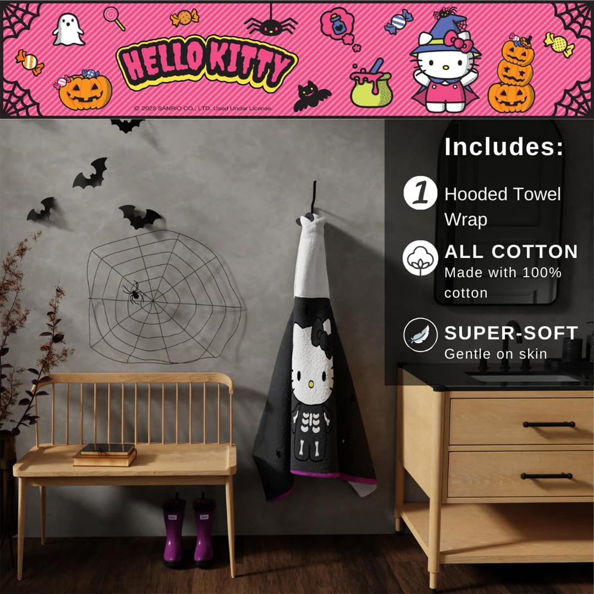 Sanrio Hello Kitty Skeleton Soft Hooded Towel Wrap | 24 X 50 Inches