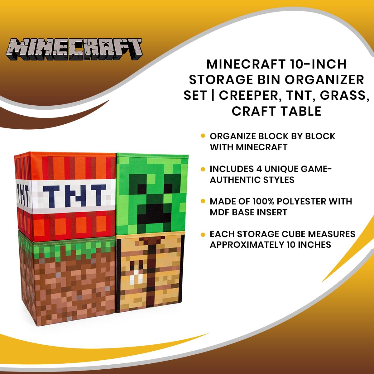 Minecraft 10-Inch Storage Bin Organizer Set | Creeper, TNT, Grass, Craft Table