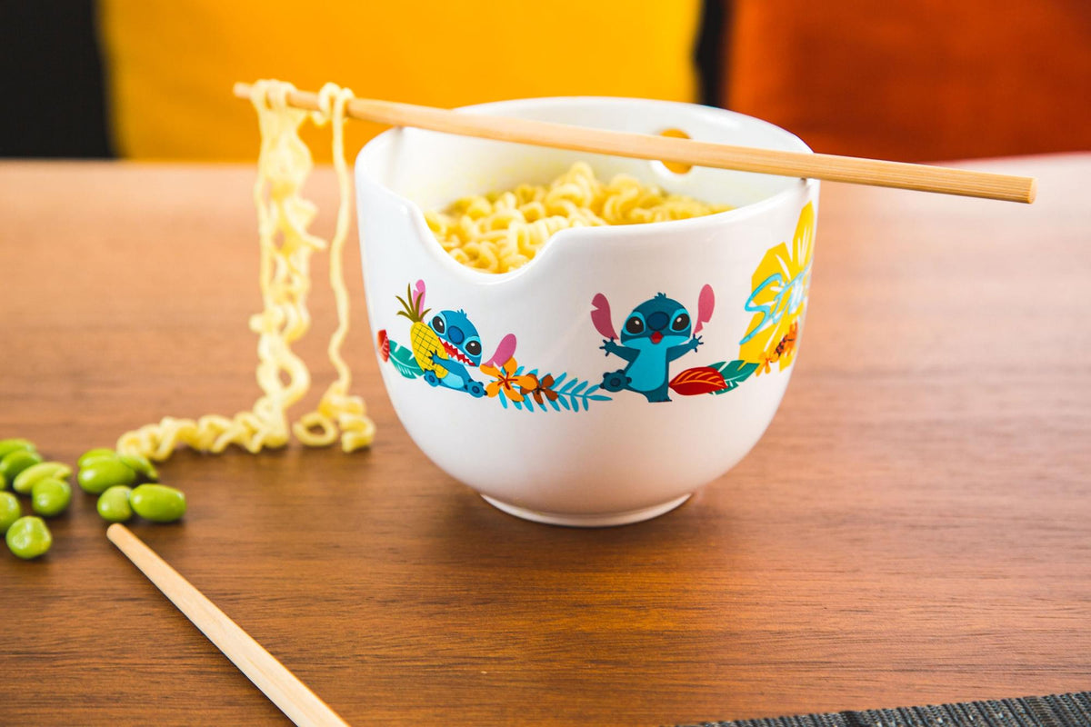 Disney Lilo & Stitch Japanese Dinnerware Set | 16-Ounce Ramen Bowl, Chopsticks