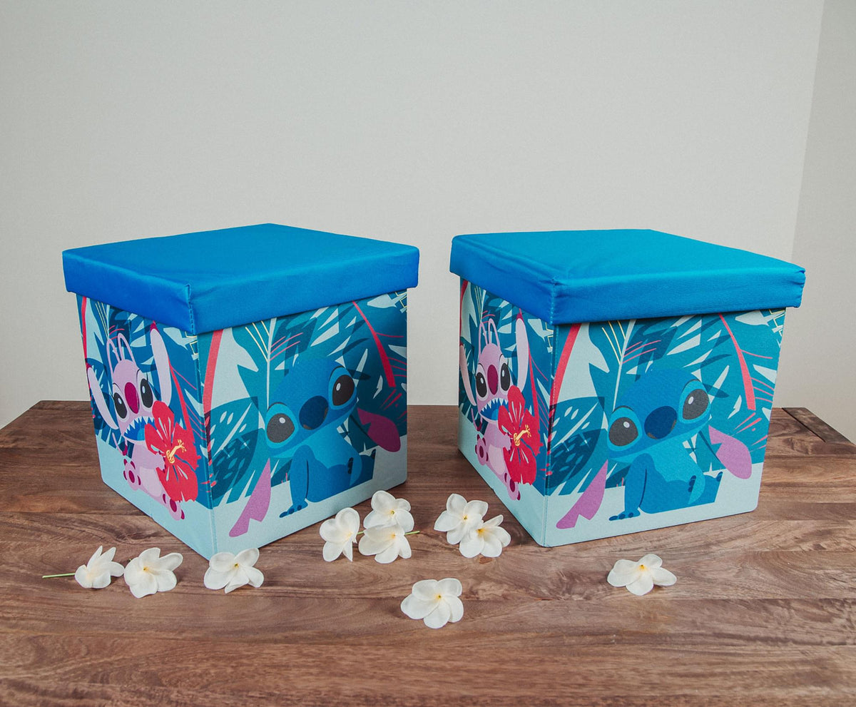 Disney Stitch and Angel 15-Inch Storage Bin Cube Organizers with Lids | Set of 2