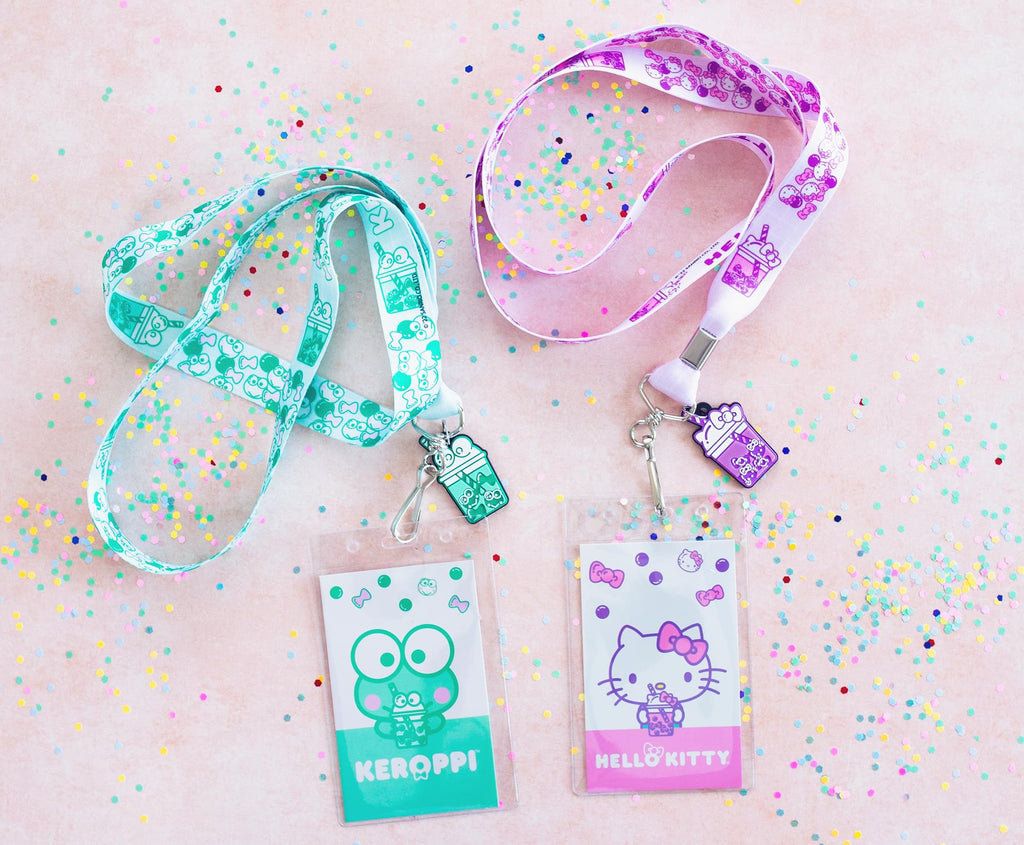 Sanrio Hello Kitty and Keroppi Boba Tea Lanyards With Badge Holders | Set of 2