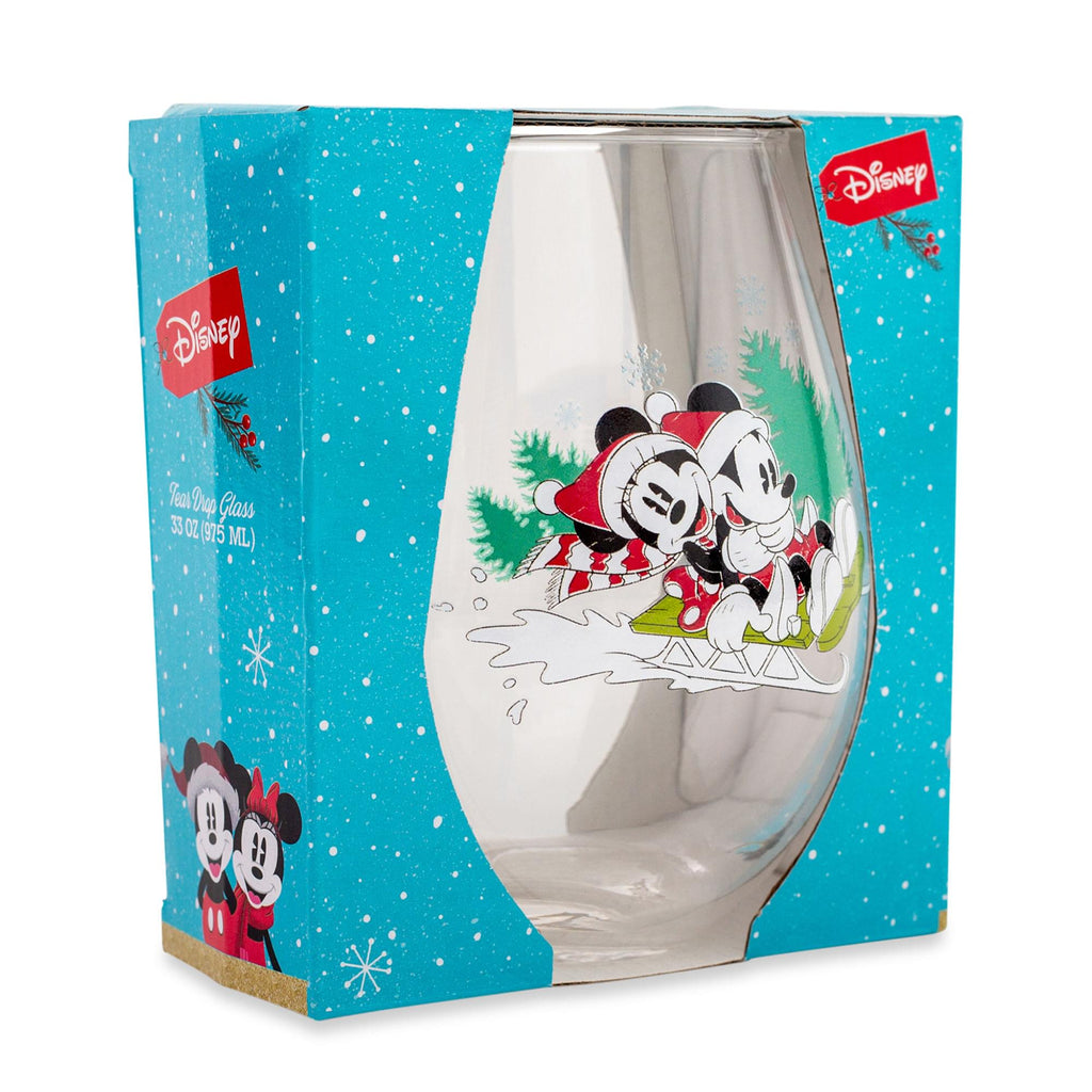 Disney Mickey and Minnie Christmas Sled Stemless Wine Glass | Holds 34 Ounces