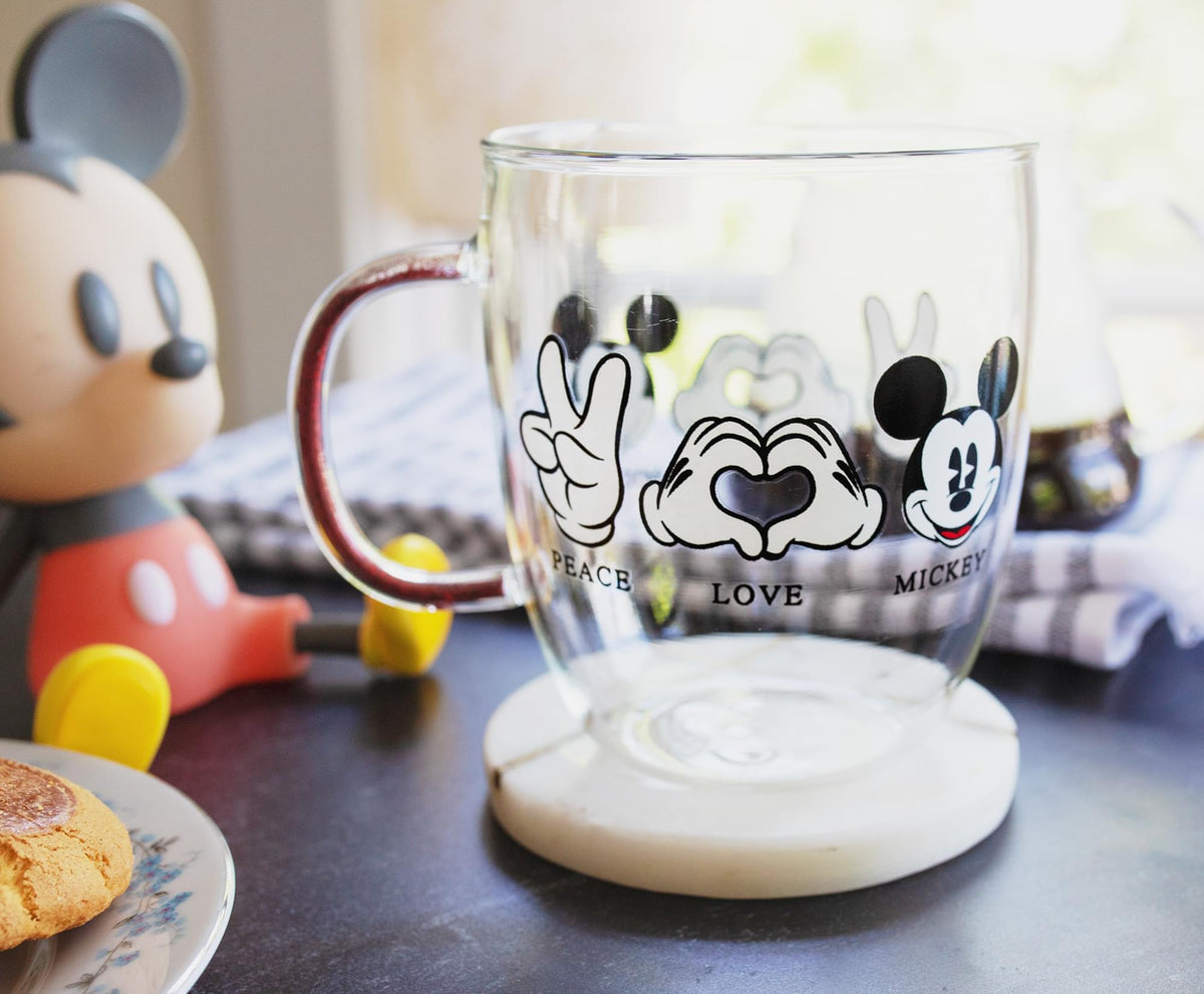 Disney "Peace Love" Mickey Mouse Glitter Handle Glass Mug | Holds 14 Ounces