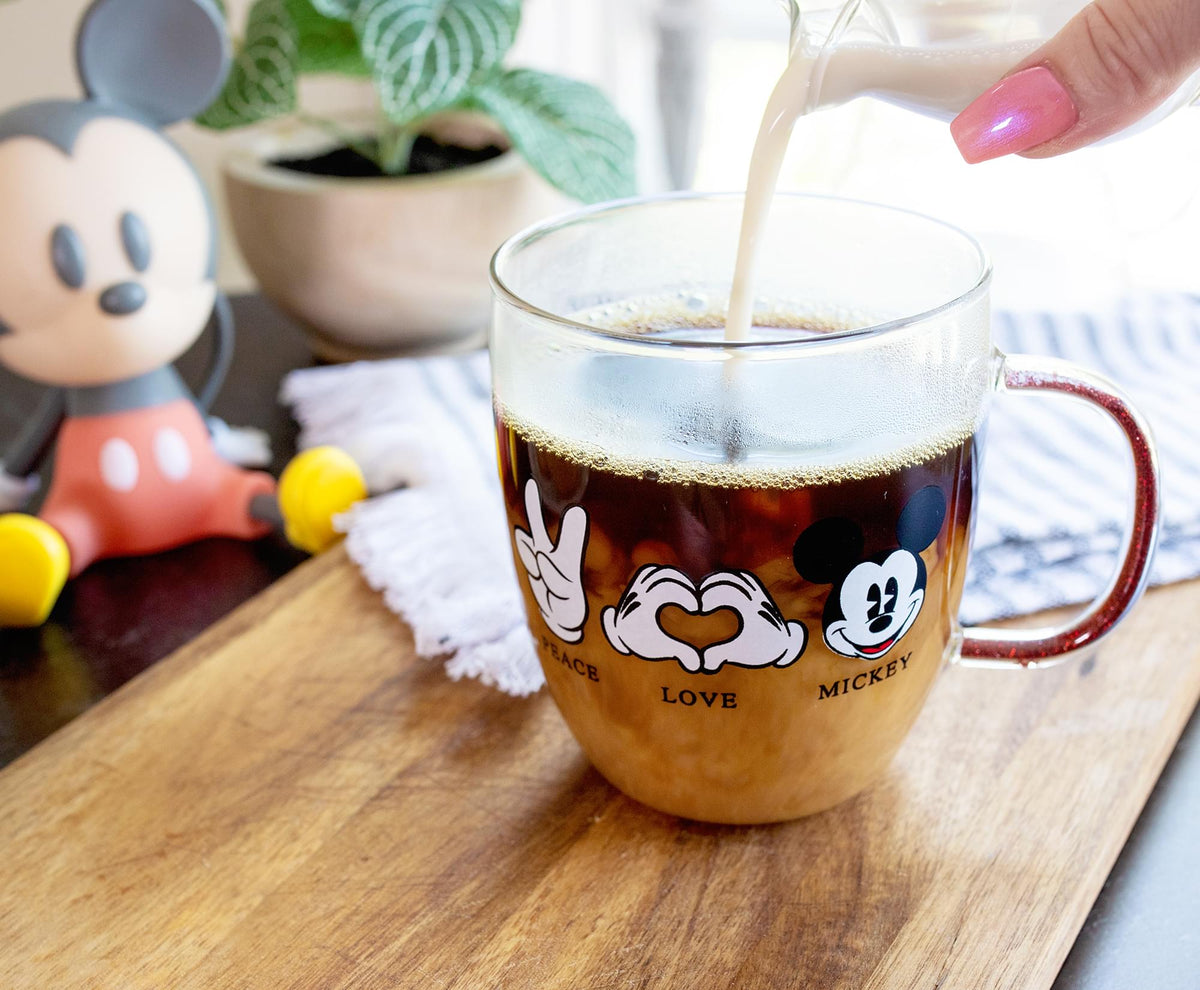 Disney "Peace Love" Mickey Mouse Glitter Handle Glass Mug | Holds 14 Ounces