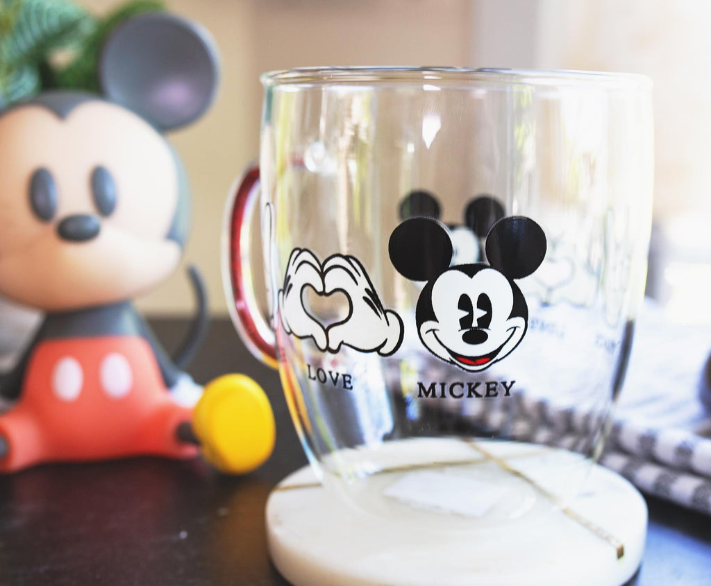 Disney "Peace Love" Mickey Mouse Glitter Handle Glass Mug | Holds 14 Ounces