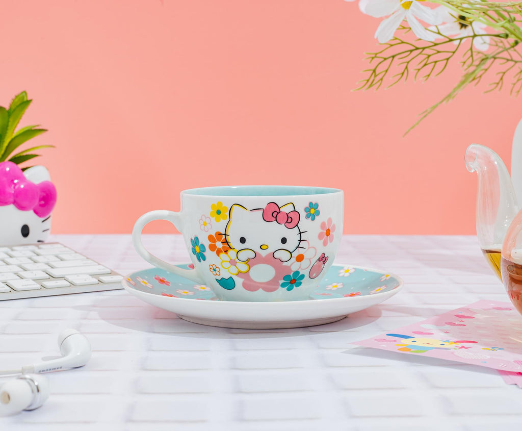 Sanrio Hello Kitty Floral Bone China Teacup and Saucer Set | Holds 7 Ounces