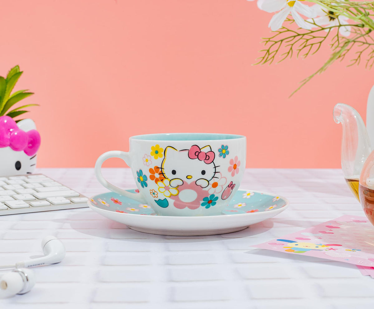 Sanrio Hello Kitty Floral Bone China Teacup and Saucer Set | Holds 7 Ounces