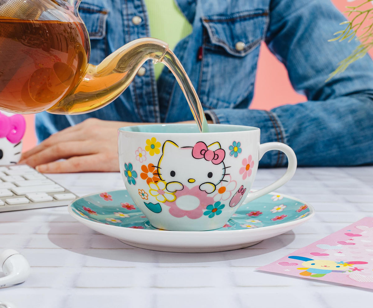 Sanrio Hello Kitty Floral Bone China Teacup and Saucer Set | Holds 7 Ounces