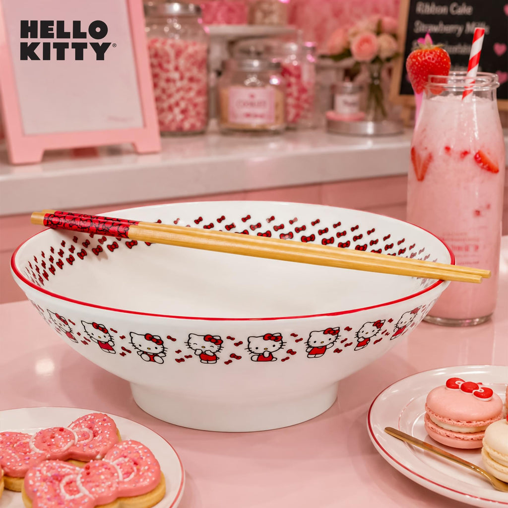 Sanrio Hello Kitty Red Bow 30-Ounce Ceramic Ramen Bowl With Chopsticks