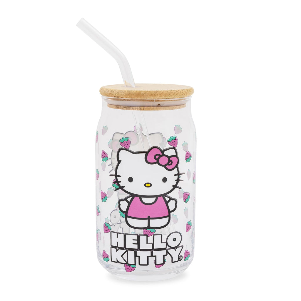 Sanrio Hello Kitty Strawberry 16-Ounce Glass Tumbler With Bamboo Lid and Straw