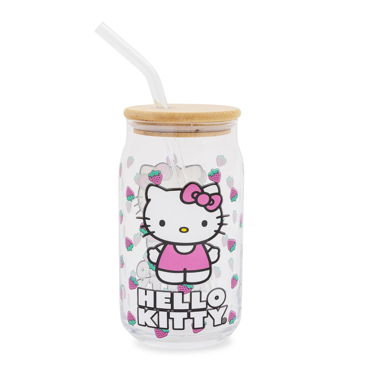 Sanrio Hello Kitty Strawberry 16-Ounce Glass Tumbler With Bamboo Lid and Straw