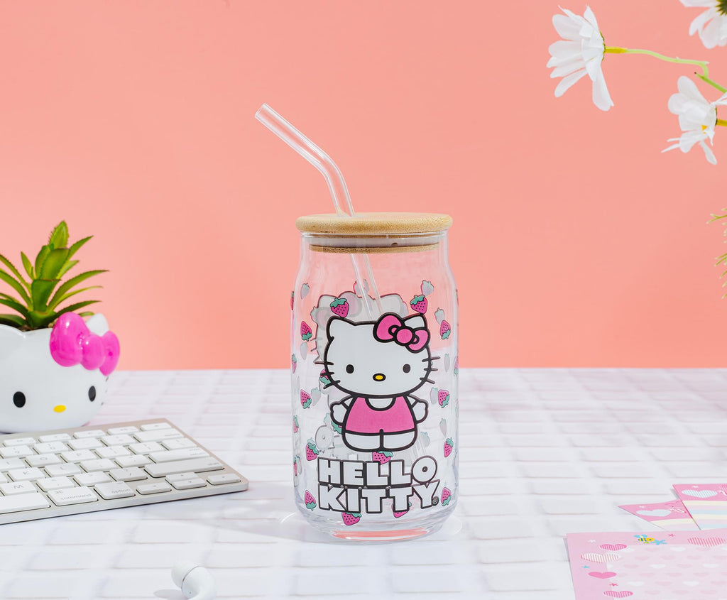 Sanrio Hello Kitty Strawberry 16-Ounce Glass Tumbler With Bamboo Lid and Straw