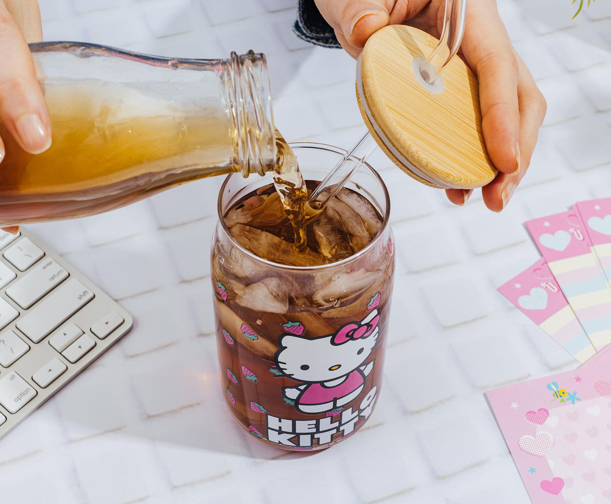 Sanrio Hello Kitty Strawberry 16-Ounce Glass Tumbler With Bamboo Lid and Straw