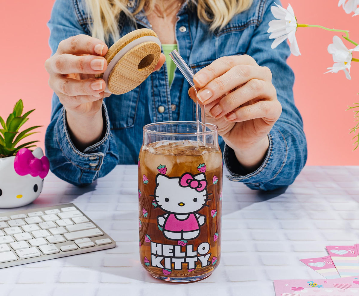 Sanrio Hello Kitty Strawberry 16-Ounce Glass Tumbler With Bamboo Lid and Straw