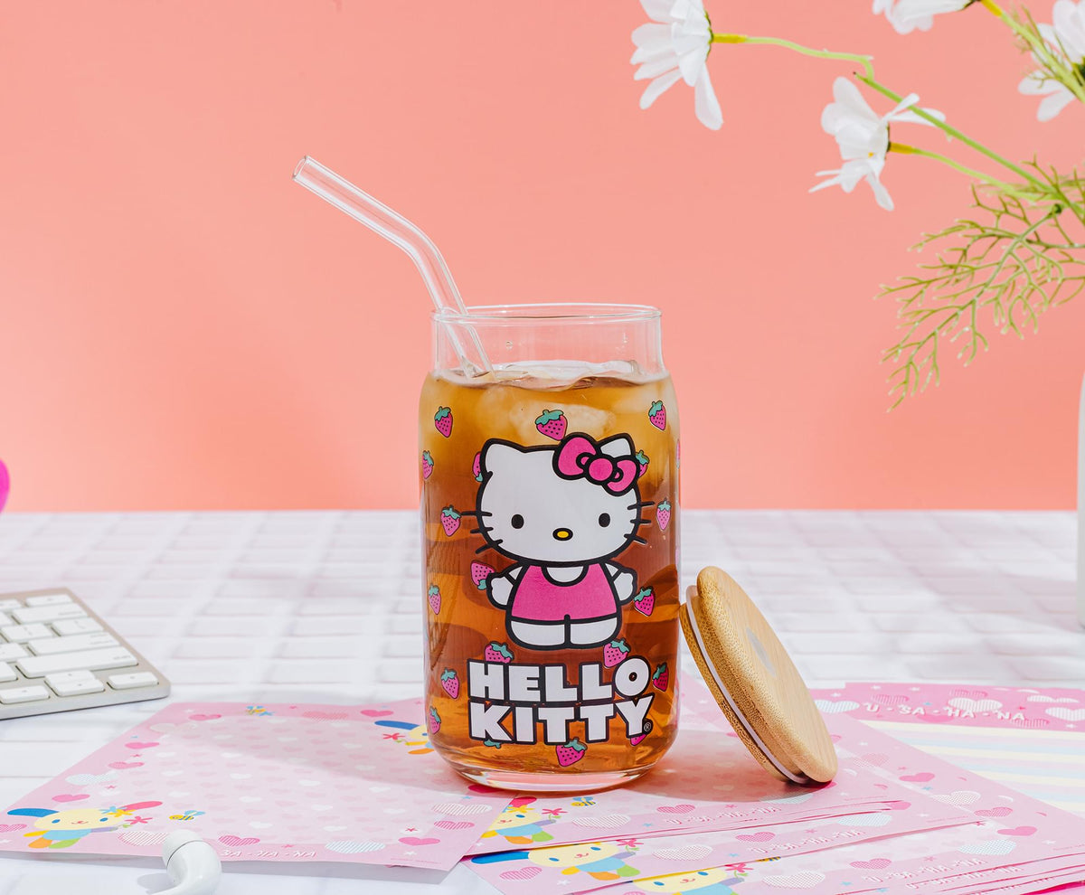 Sanrio Hello Kitty Strawberry 16-Ounce Glass Tumbler With Bamboo Lid and Straw
