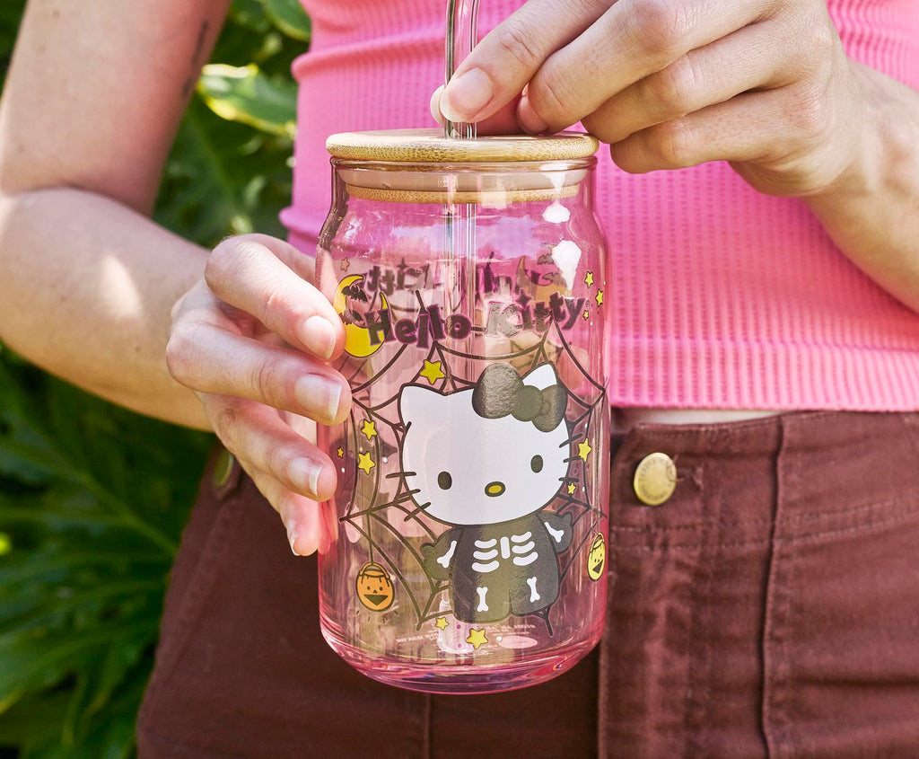 Sanrio Hello Kitty Skeleton 16-Ounce Glass Tumbler With Bamboo Lid and Straw