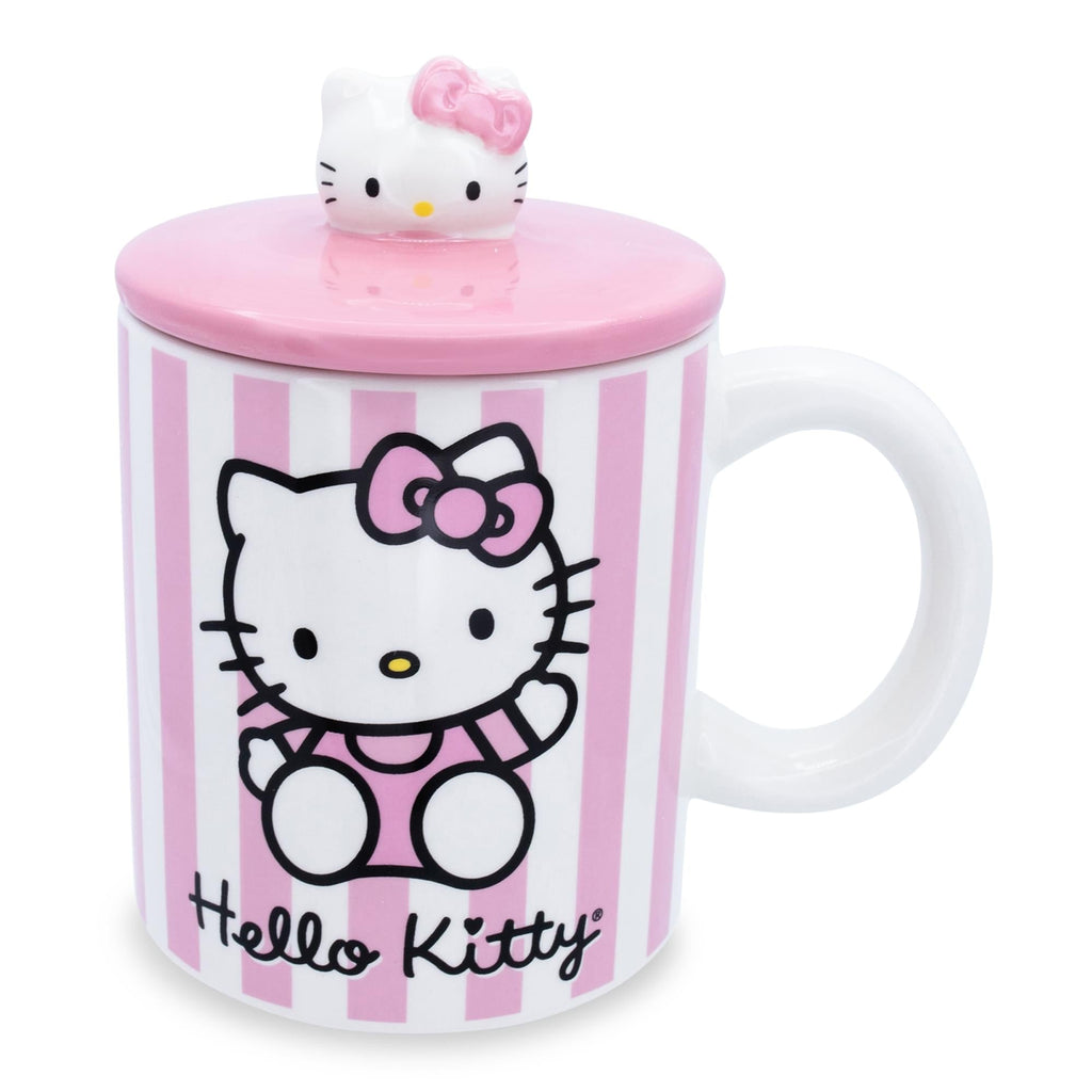 Sanrio Hello Kitty Pink Stripes Ceramic Mug With Lid | Holds 18 Ounces