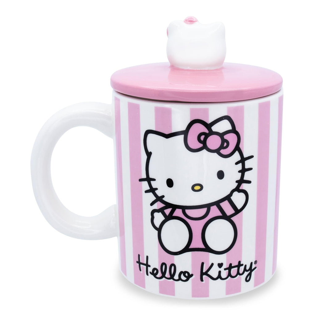 Sanrio Hello Kitty Pink Stripes Ceramic Mug With Lid | Holds 18 Ounces