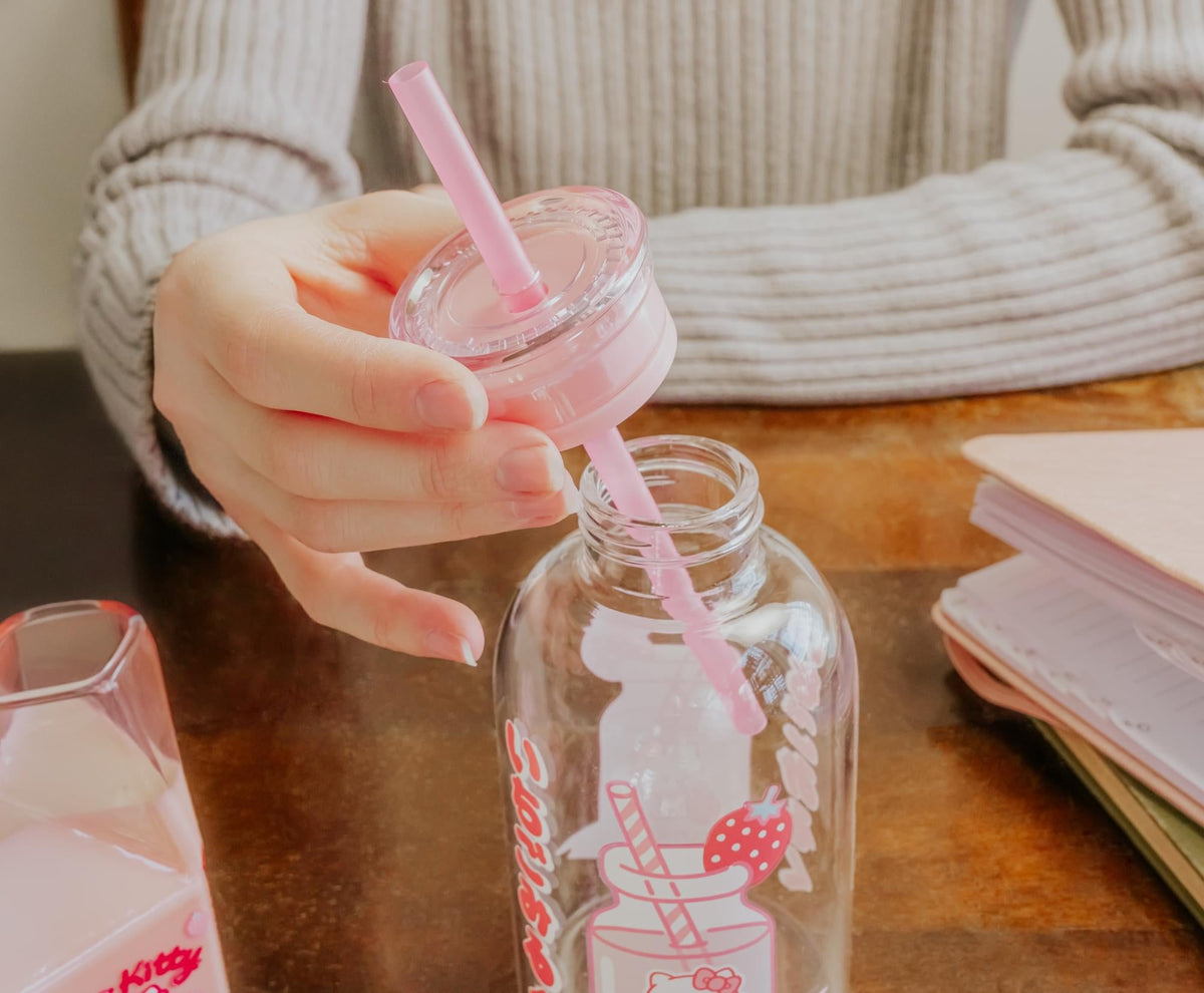 Sanrio Hello Kitty Strawberry Glass Milk Bottle With Straw | Holds 15 Ounces