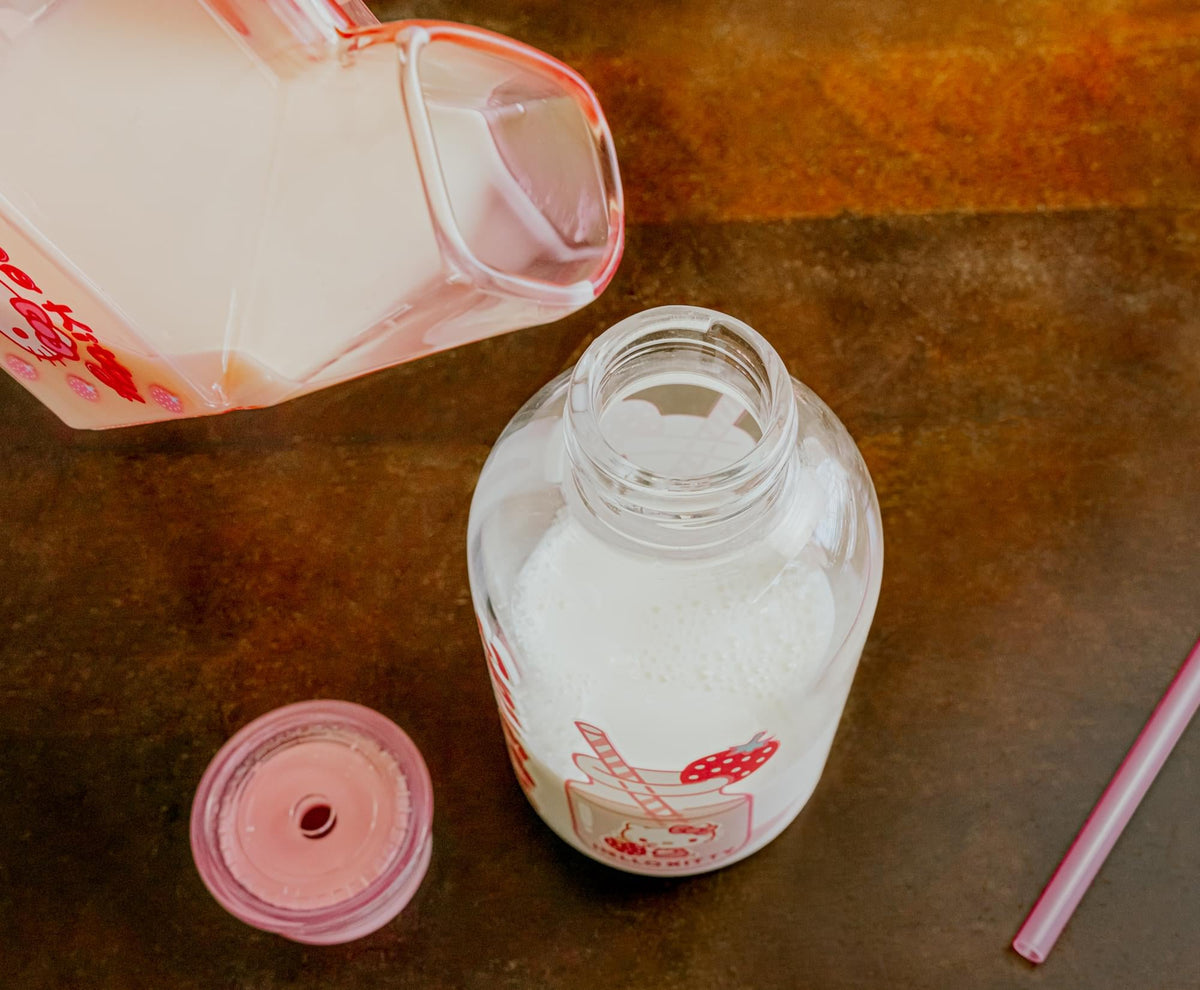 Sanrio Hello Kitty Strawberry Glass Milk Bottle With Straw | Holds 15 Ounces