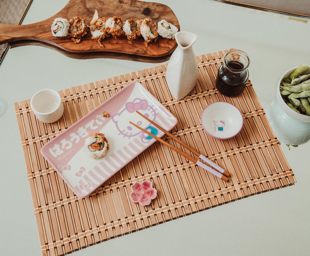 Sanrio Hello Kitty Pink 3-Piece Ceramic Sushi Set With Sauce Bowl and Chopsticks