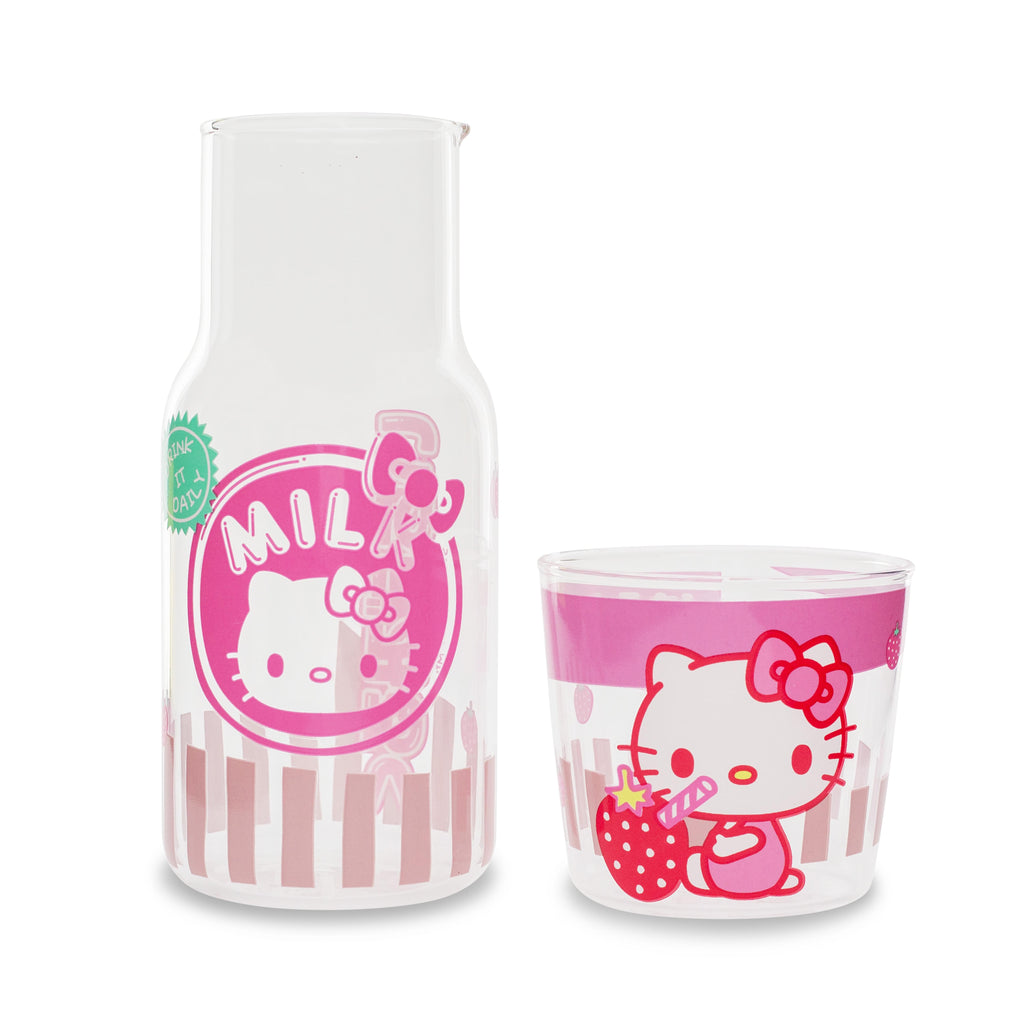 Sanrio Hello Kitty Strawberry Milk 18-Ounce Glass Pitcher and 8-Ounce Cup