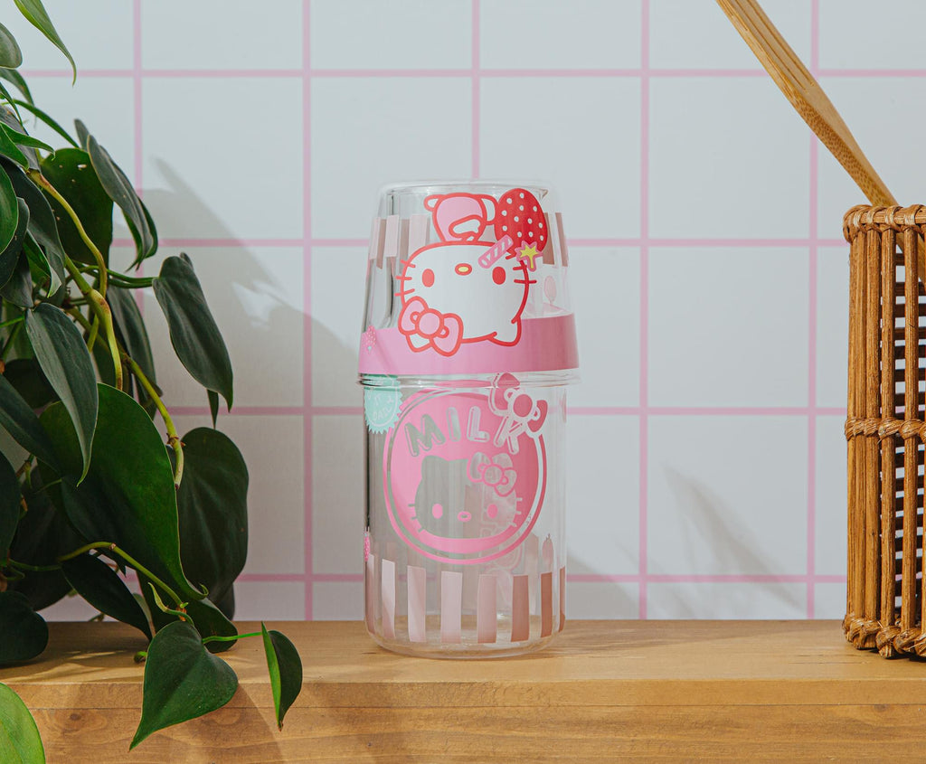 Sanrio Hello Kitty Strawberry Milk 18-Ounce Glass Pitcher and 8-Ounce Cup