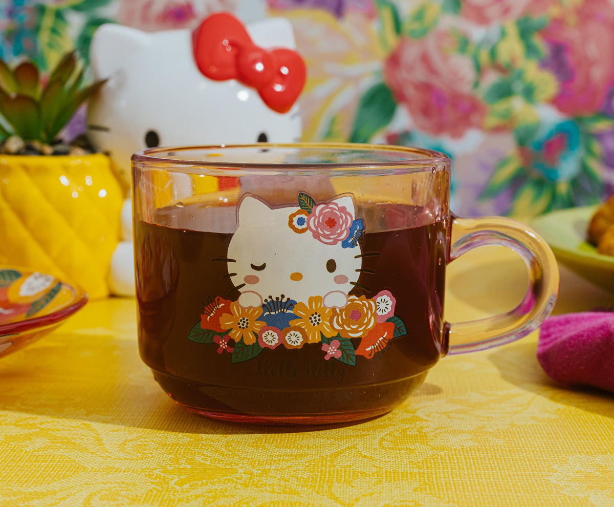 Sanrio Hello Kitty Flowers Glass Teacup and Saucer Set