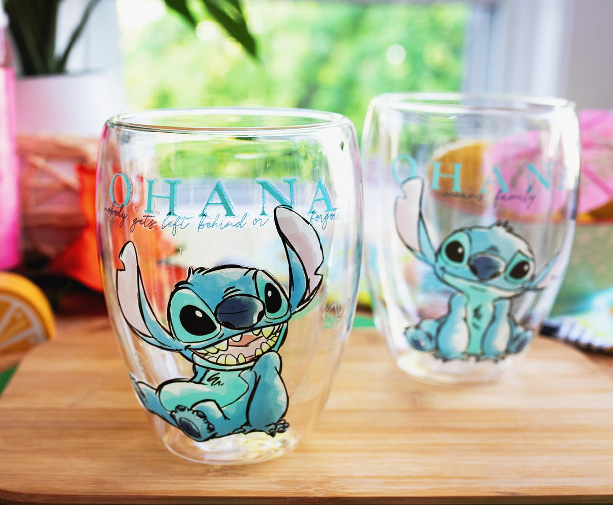 Disney Lilo and Stitch "Ohana Means Family" Floral Stemless Glasses | Set of 2
