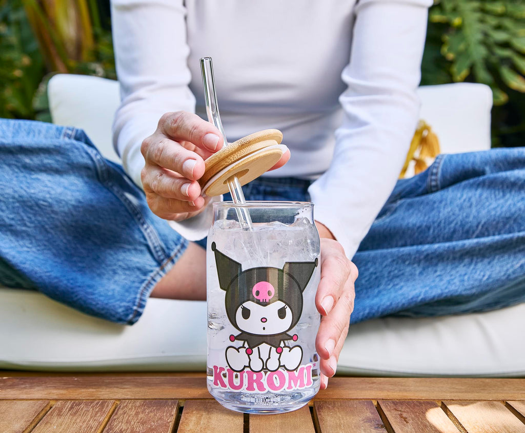 Sanrio Kuromi 16-Ounce Glass Tumblers With Bamboo Lid and Straw | Set Of 2