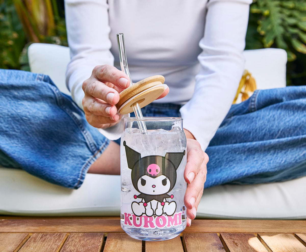 Sanrio Kuromi 16-Ounce Glass Tumblers With Bamboo Lid and Straw | Set Of 2