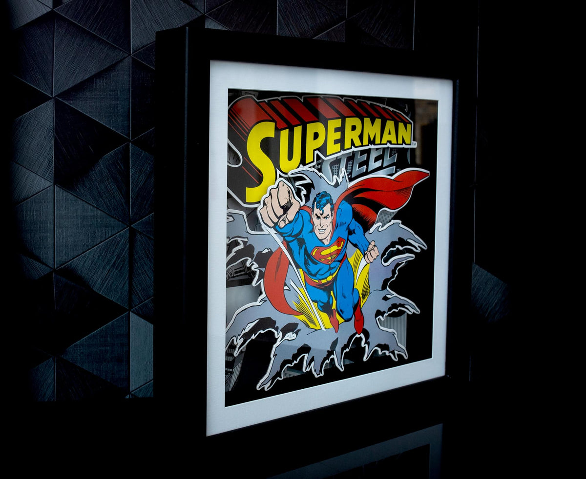 DC Comics Superman "Man of Steel" Wood Frame 3D Shadow Box Wall Art | 15 x 15 Inches
