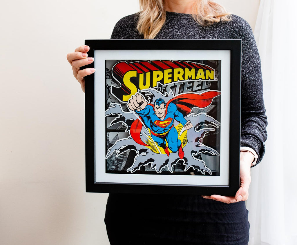 DC Comics Superman "Man of Steel" Wood Frame 3D Shadow Box Wall Art | 15 x 15 Inches