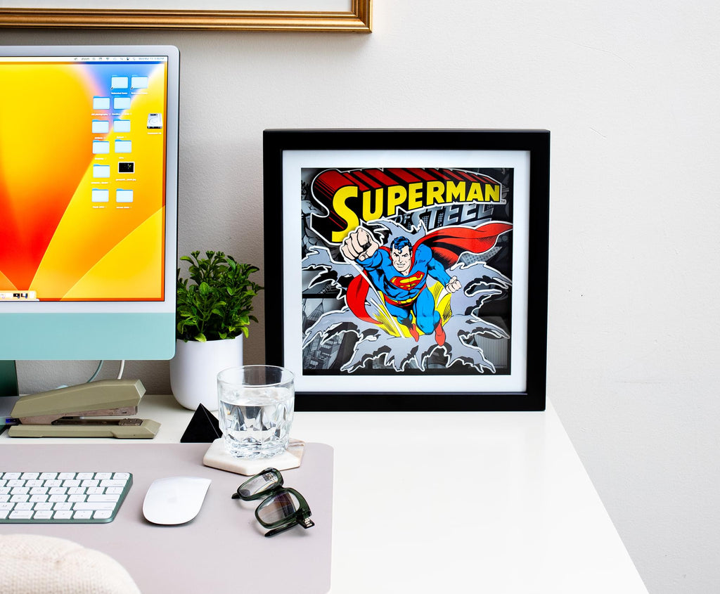 DC Comics Superman "Man of Steel" Wood Frame 3D Shadow Box Wall Art | 15 x 15 Inches