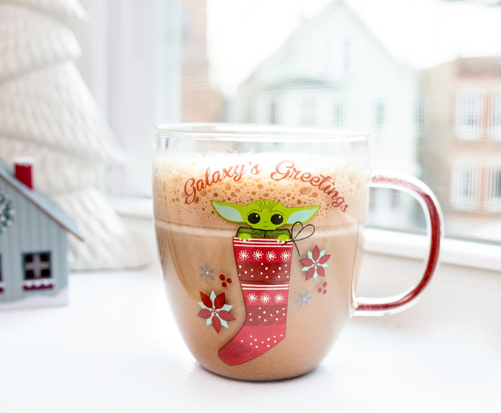 Star Wars: The Mandalorian Grogu Holiday Glitter Handle Glass Mug  | 14 Ounces