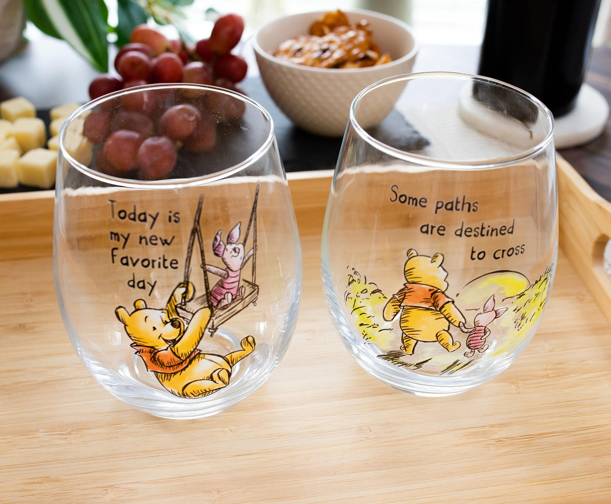 Disney Winnie The Pooh Quotes Stemless Wine Glass Set | Each Holds 20 Ounces