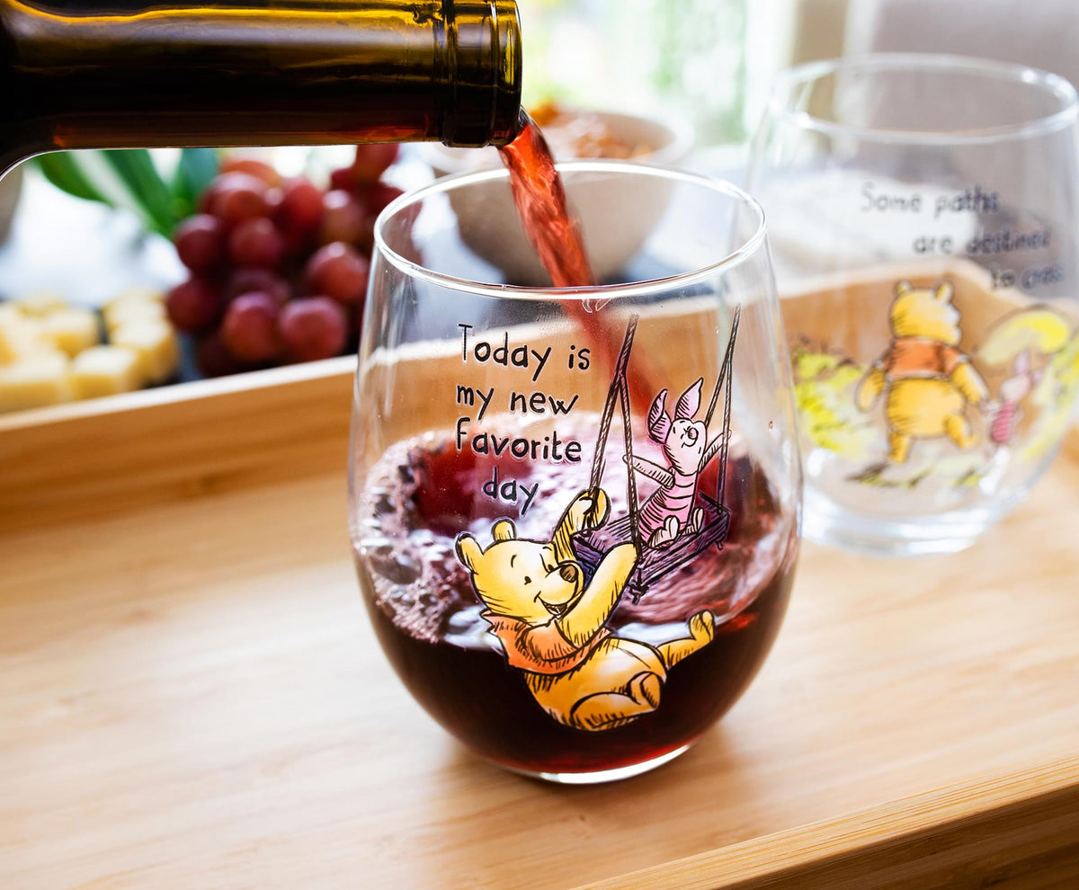 Disney Winnie The Pooh Quotes Stemless Wine Glass Set | Each Holds 20 Ounces