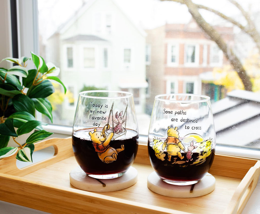 Disney Winnie The Pooh Quotes Stemless Wine Glass Set | Each Holds 20 Ounces
