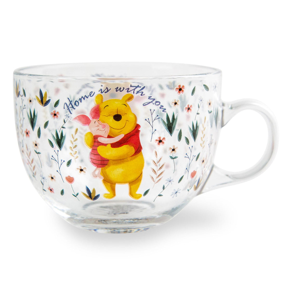 Disney Winnie the Pooh and Piglet Floral Glass Mug | Holds 16 Ounces