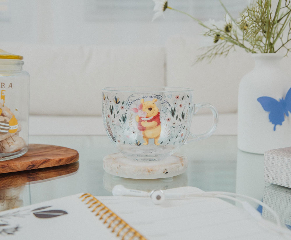Disney Winnie the Pooh and Piglet Floral Glass Mug | Holds 16 Ounces