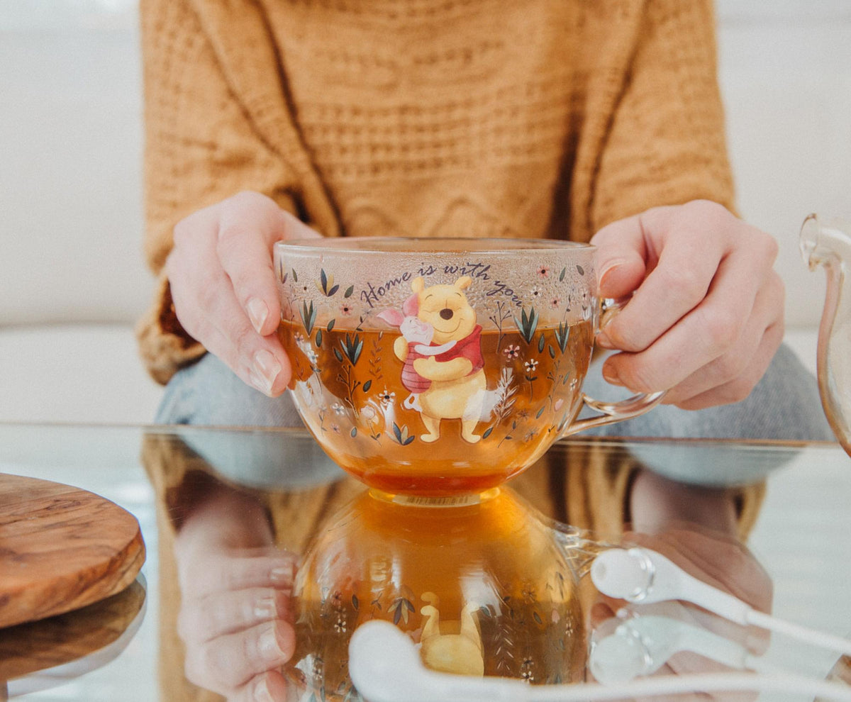 Disney Winnie the Pooh and Piglet Floral Glass Mug | Holds 16 Ounces