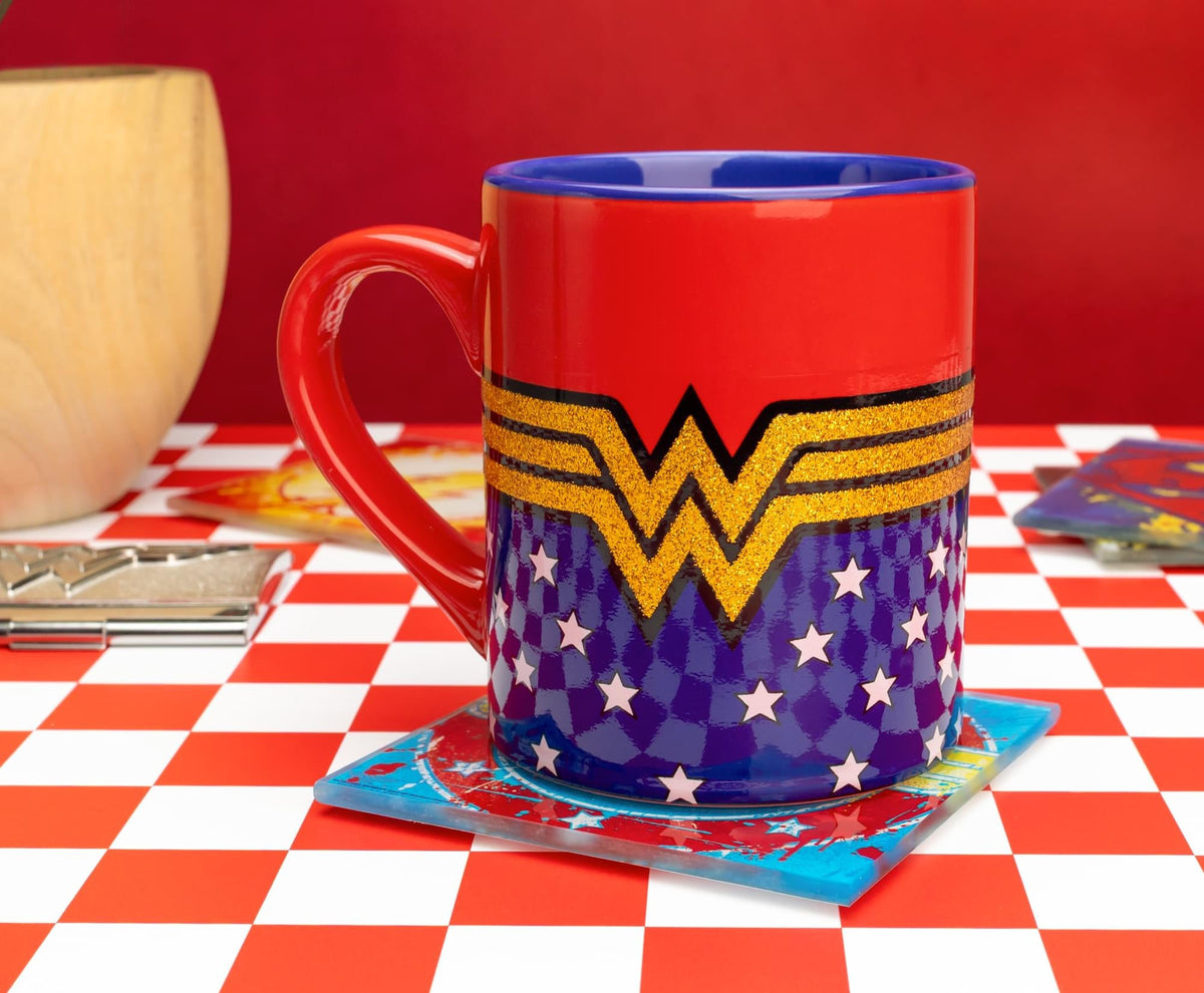 DC Comics Wonder Woman Logo Glitter Ceramic Mug | Holds 14 Ounces