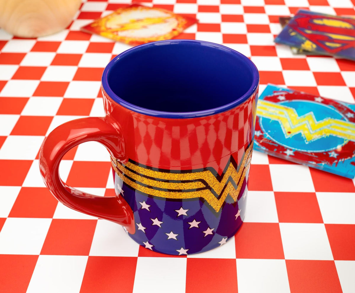 DC Comics Wonder Woman Logo Glitter Ceramic Mug | Holds 14 Ounces