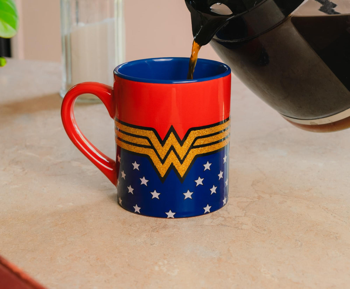 DC Comics Wonder Woman Logo Glitter Ceramic Mug | Holds 14 Ounces