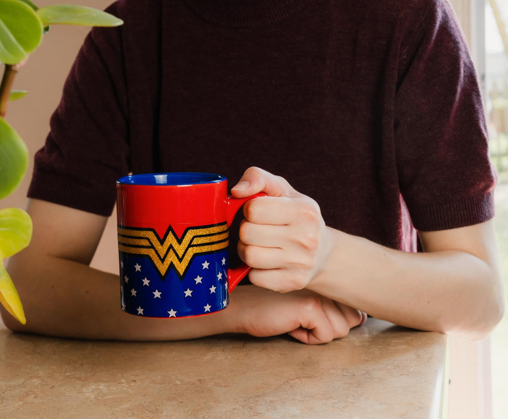 DC Comics Wonder Woman Logo Glitter Ceramic Mug | Holds 14 Ounces